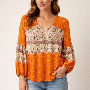 Anthropologie Maeve Orange Patterned V Neck Long Sleeve Blouse Size XS